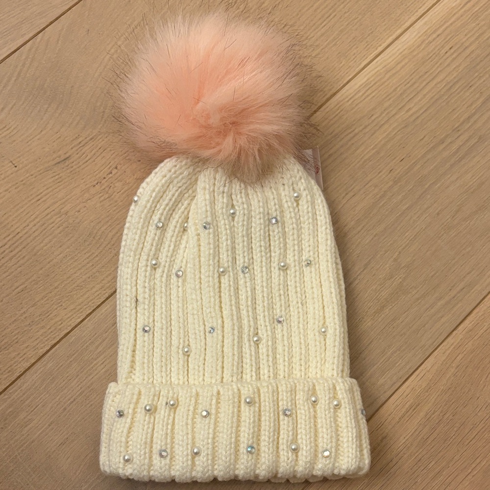 Justice Cream Beanie with Pink Pom-Pom